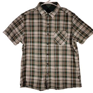 Kuhl shirt mens L Large green plaid organic cotton hiking short sleeve button